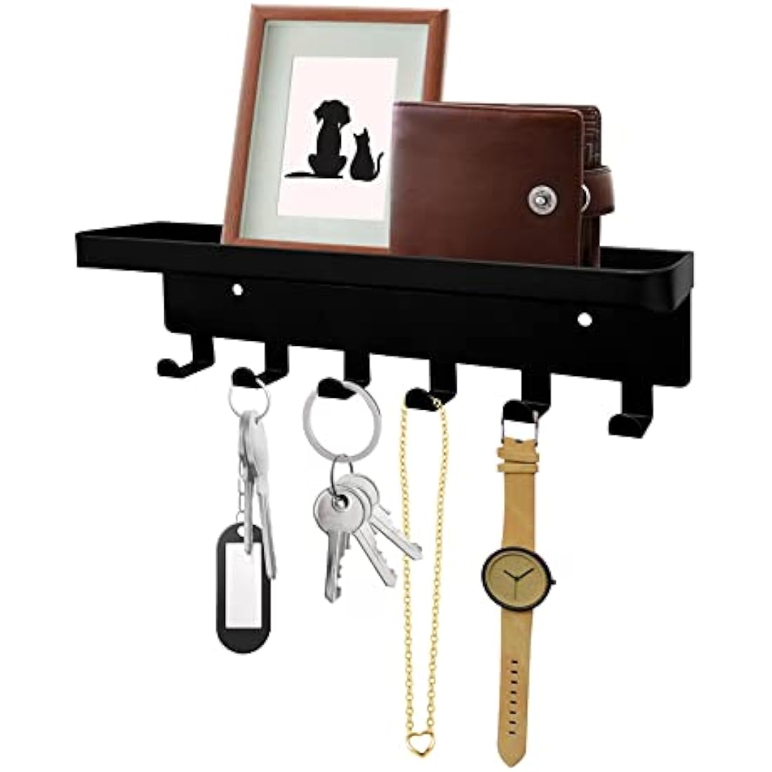 GTK Key Holder with Tray and 6 Hooks for Hallway, Key Rack with Shelf for Mail Storage (Black)