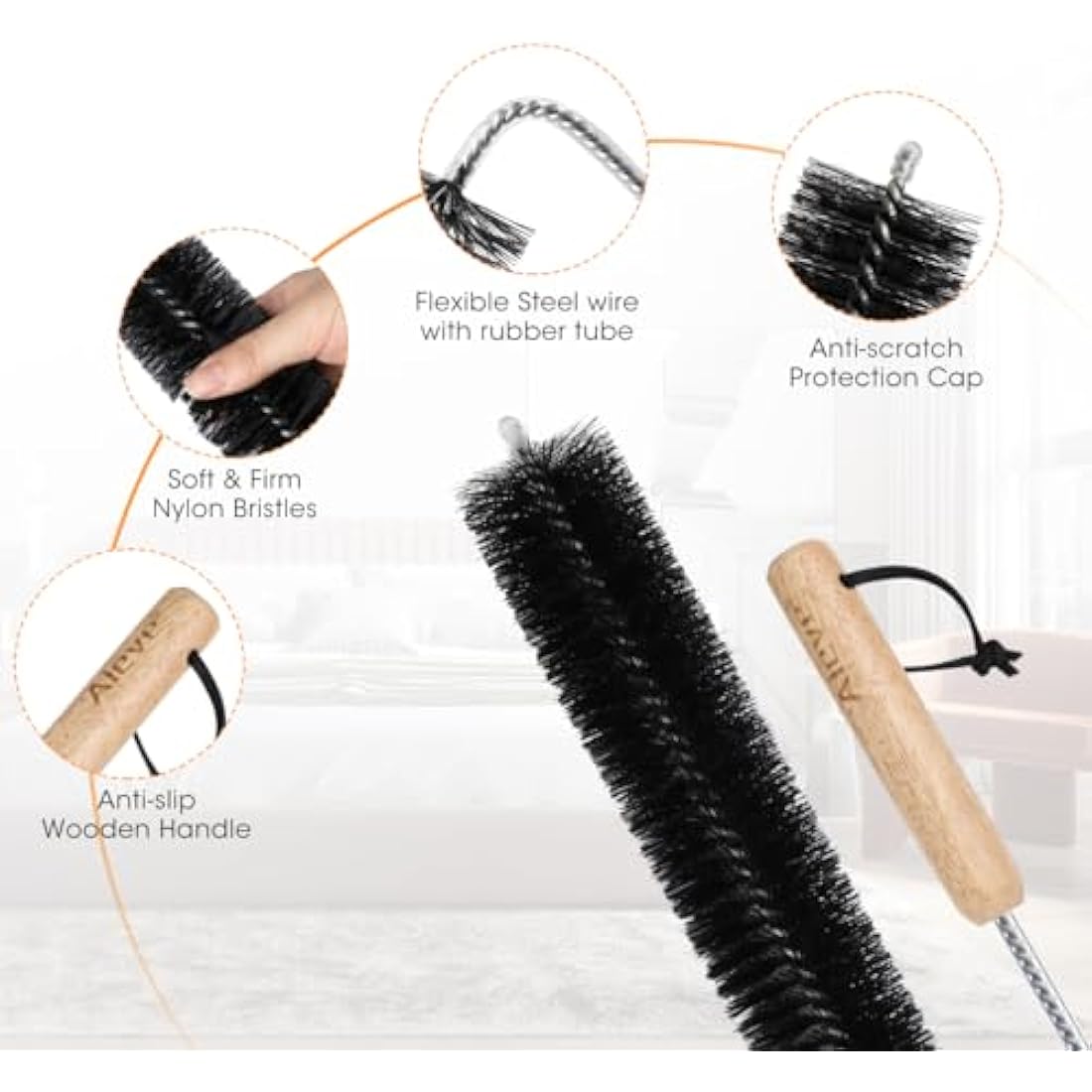 Aieve Radiator Cleaner Brush, 80CM Radiator Brush, Flexible Long Cleaning Duster with Wood Handle for Heater & Dryer Lint & Washing Machine