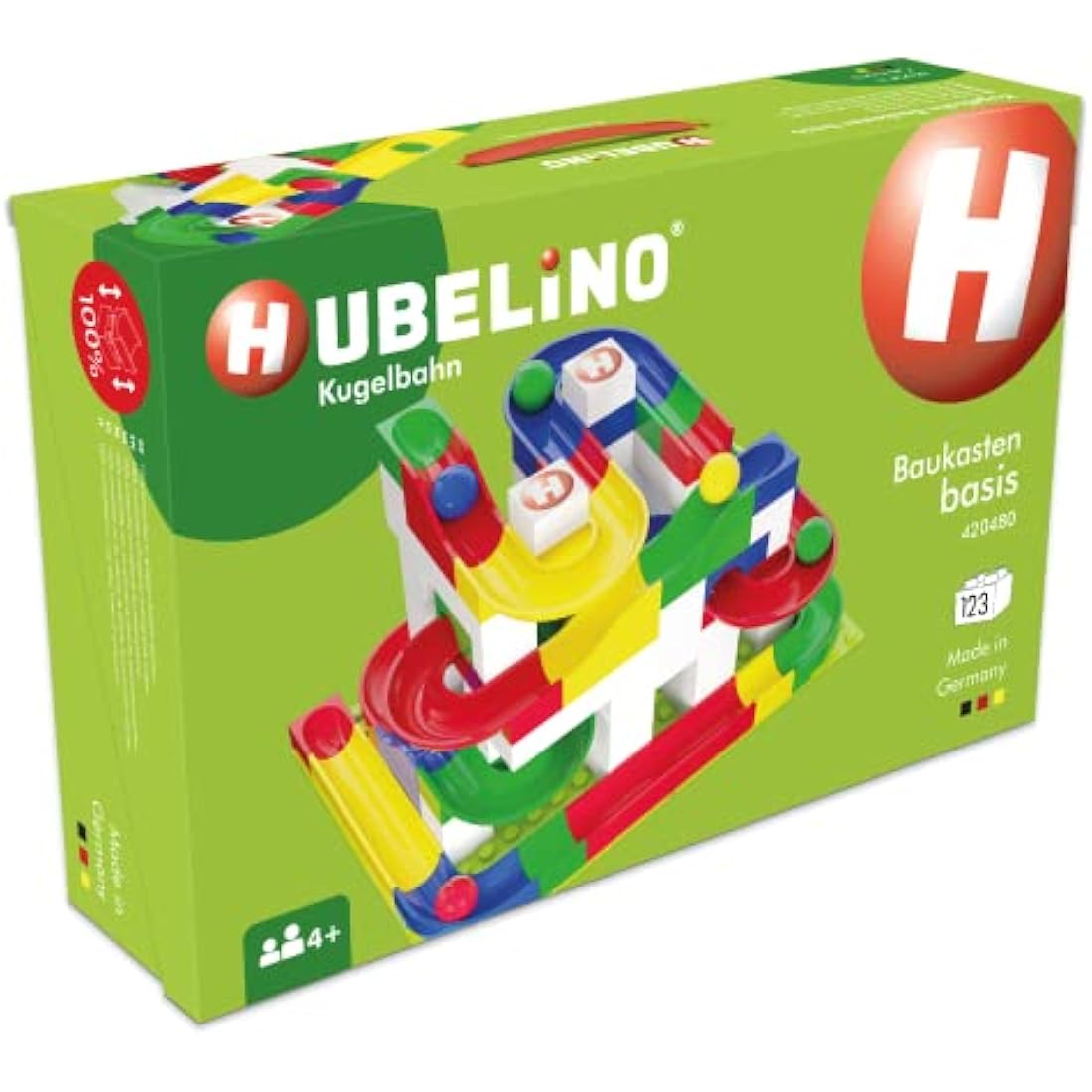 Hubelino 420480 Basic Building Box Marble Run, Compatible with Popular Building Block System, 123 pieces, for Ages 4 and Up, (Made in Germany)