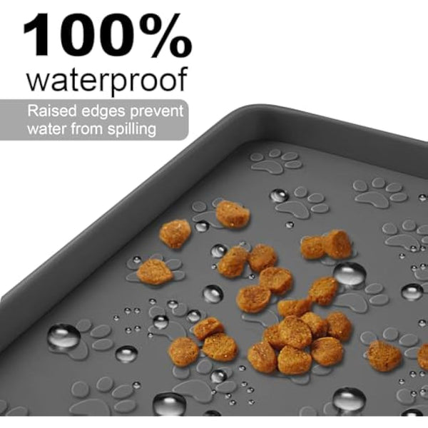 MOACC Dog Food Mat, Silicone Pet Feeding Mat, Non Slip & Waterproof Bowl Mat for Dog and Cat, 47 x 30 cm, Grey Paw Pattern