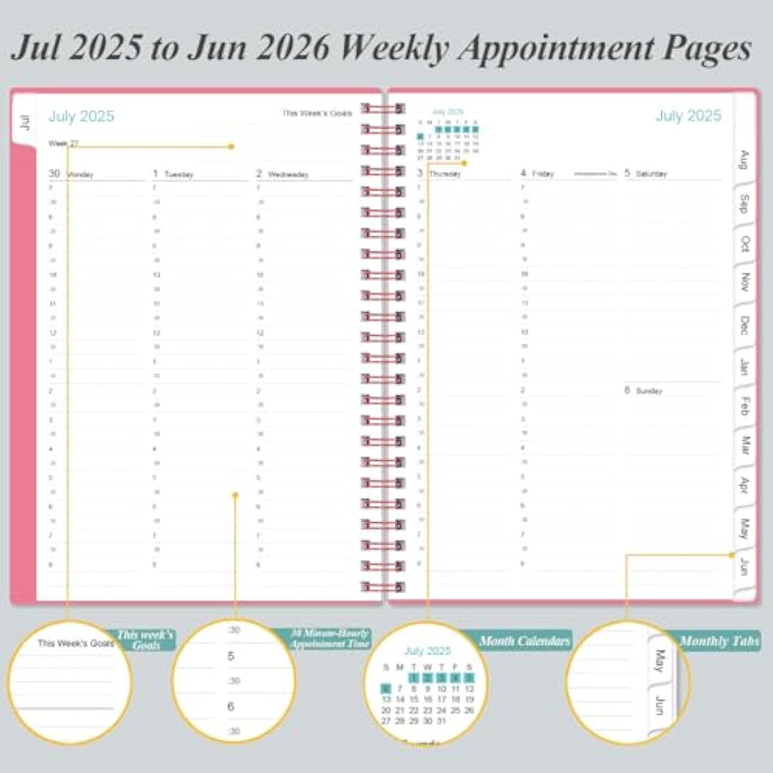 2024-2025 Appointment Book & Planner - A5 2024-25 Daily Hourly Planner from July 2024 - June 2025, Weekly Appointment Book with 30-Minute Interval, Medium 6.4" x 8.5", Pink