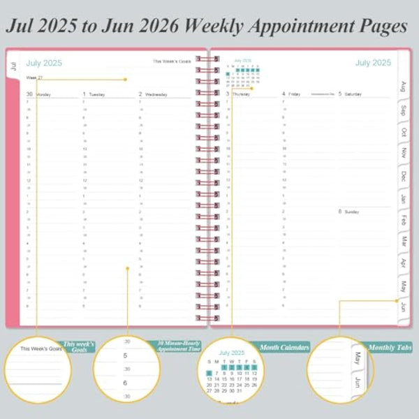 2024-2025 Appointment Book & Planner - A5 2024-25 Daily Hourly Planner from July 2024 - June 2025, Weekly Appointment Book with 30-Minute Interval, Medium 6.4" x 8.5", Pink