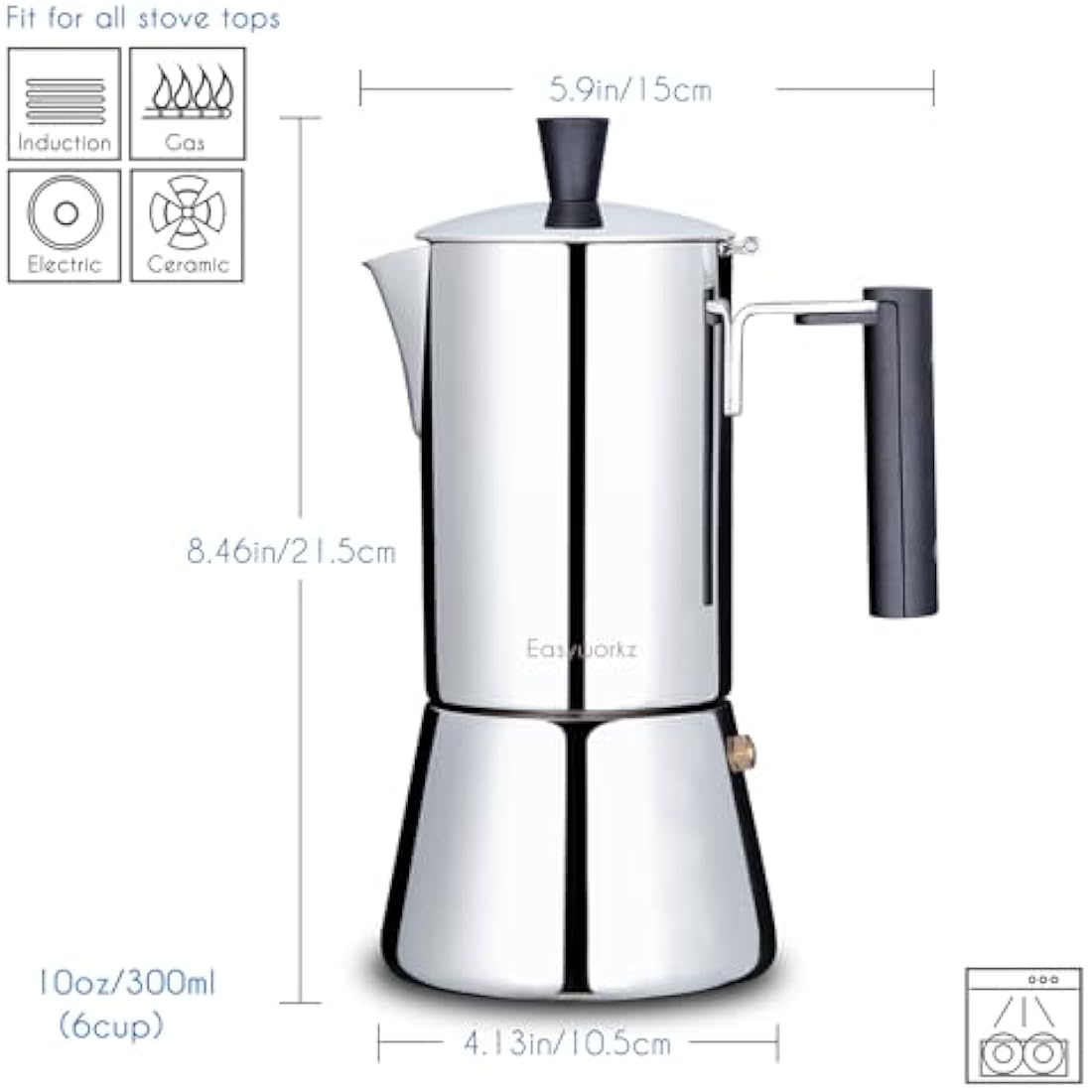 Easyworkz Pedro Stovetop Espresso Maker 6Cup 300ml Stainless Steel Italian Coffee Machine Maker Induction Moka Pot