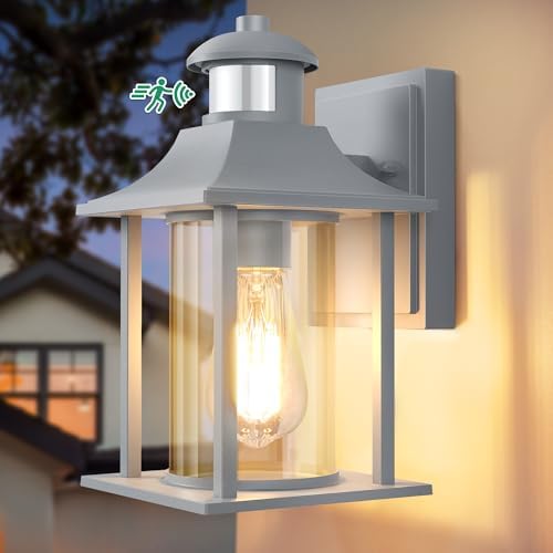 Lamomo Outdoor Wall Light,Grey Motion Sensor Light Outdoor with Bulb,Waterproof Aluminum Security Light Sensor Wall Lantern Anti-Rust Outside Wall Sconce for Garden Doorway