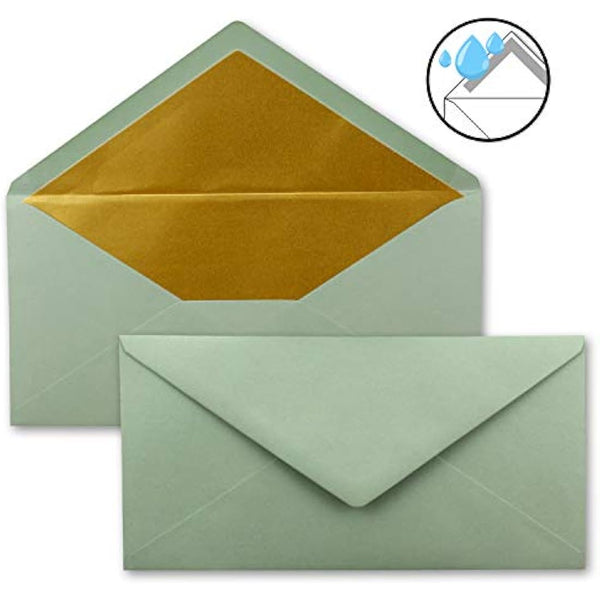 100 envelopes DIN long - Eucalyptus (green) with gold metallic inner lining - 110 x 220 mm - wet glue - festive envelopes for Christmas