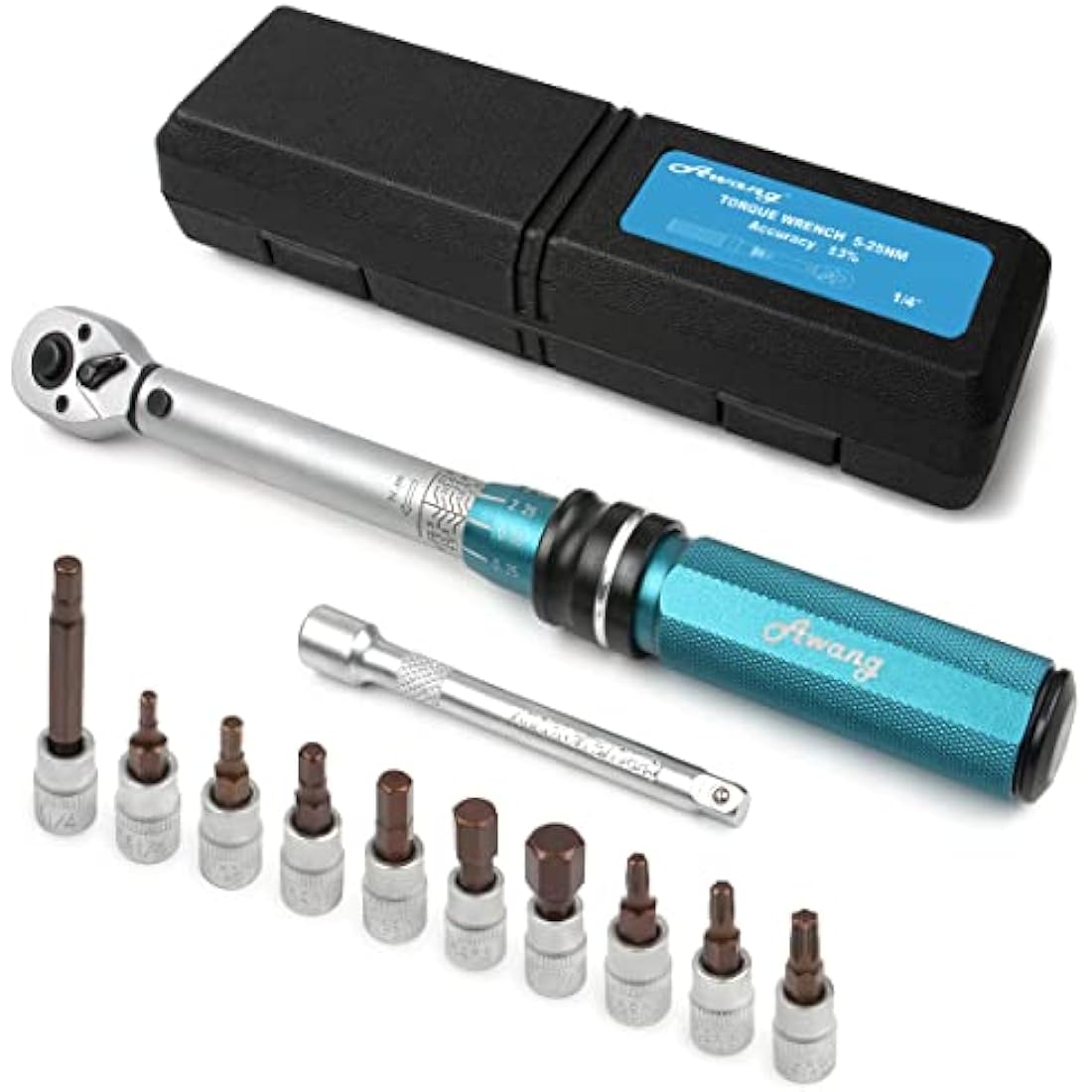 Awang 1/4 Inch Drive Click Torque Wrench Set 5-25 Nm, 72-Tooth Bicycle Torque Wrench Set, High Precision ± 3% Tool Repair Kit for Road Bikes and Mountain Bikes