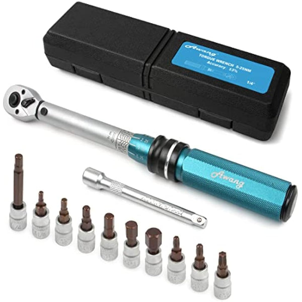 Awang 1/4 Inch Drive Click Torque Wrench Set 5-25 Nm, 72-Tooth Bicycle Torque Wrench Set, High Precision ± 3% Tool Repair Kit for Road Bikes and Mountain Bikes
