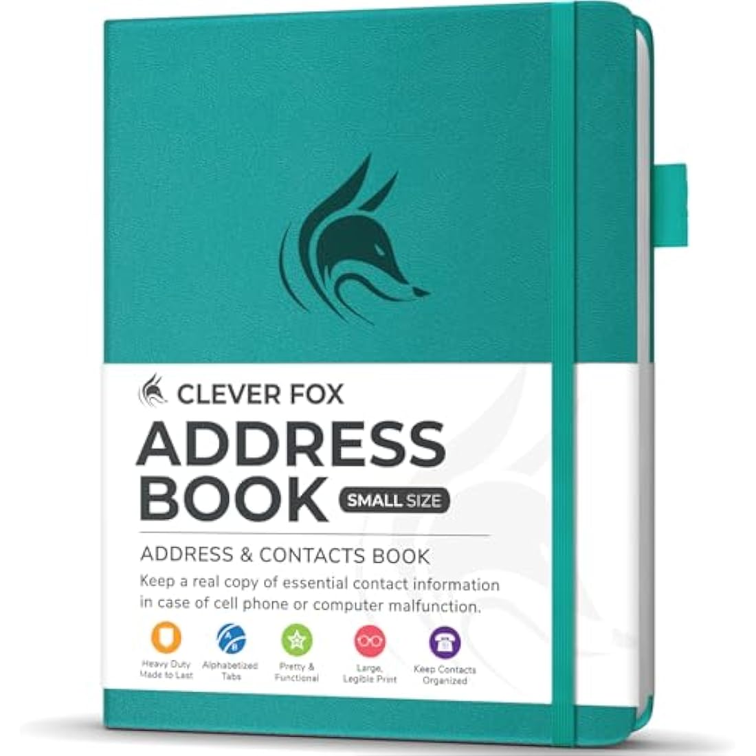 Clever Fox Address Book with alphabetic tabs - PU Leather Telephone and Address Book for Keeping Contacts Safe, Contact Organizer Journal, Small Size (10.5 x 14cm), Hardcover, Turquoise