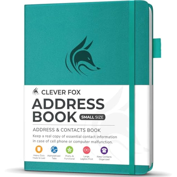 Clever Fox Address Book with alphabetic tabs - PU Leather Telephone and Address Book for Keeping Contacts Safe, Contact Organizer Journal, Small Size (10.5 x 14cm), Hardcover, Turquoise