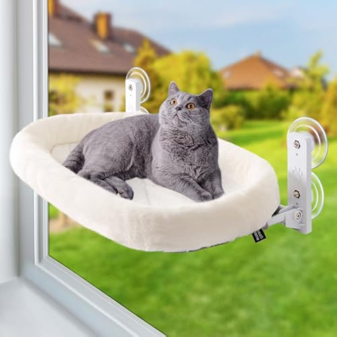 GUUSII HOME Cat Window Bed Hammock Cordless Perch Window Sill Seat for Indoor Cats Kitty Shelves with Sturdy Suction Cups Washable Plush Cushion 53 * 30cm Holds Up to 18kg Easy to Install(Beige)