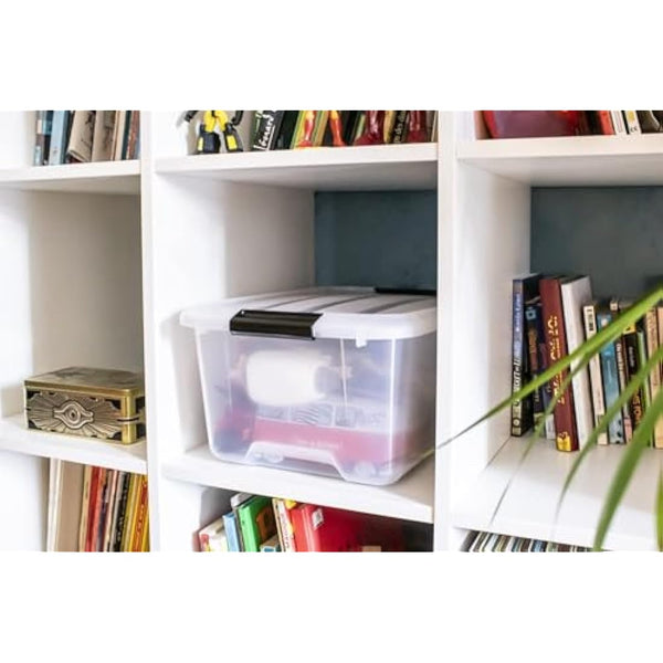 Iris Ohyama Plastic Storage Boxes with Lids, 30L, Set of 3, Clear, Latching Buckles with Handles, Stackable, Nesting, Strong & Durable, For Closet, Garage, Home, Office, Organising Tote Bins, TB-30