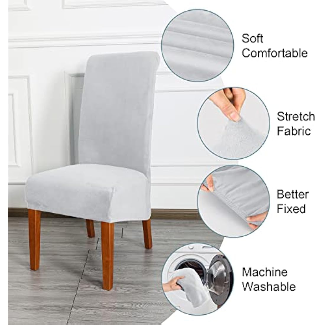 CMAKER Velvet Dining Chair Covers, Stretch Large Chair Slipcovers, Spandex High Back Chairs Cover Elastic Washable Removable XL Chair Protector,Set of ４,Light Gray