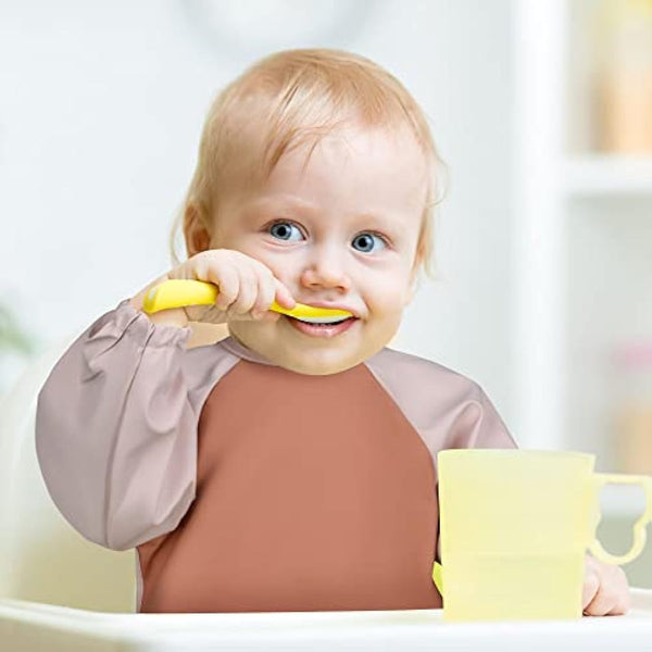 Vicloon Baby Weaning Bibs, PU Feeding Bibs With Long Sleeves, Waterproof Toddler Bibs Easy to Clean, Suitable for Babies From 6 Months to 12 Months