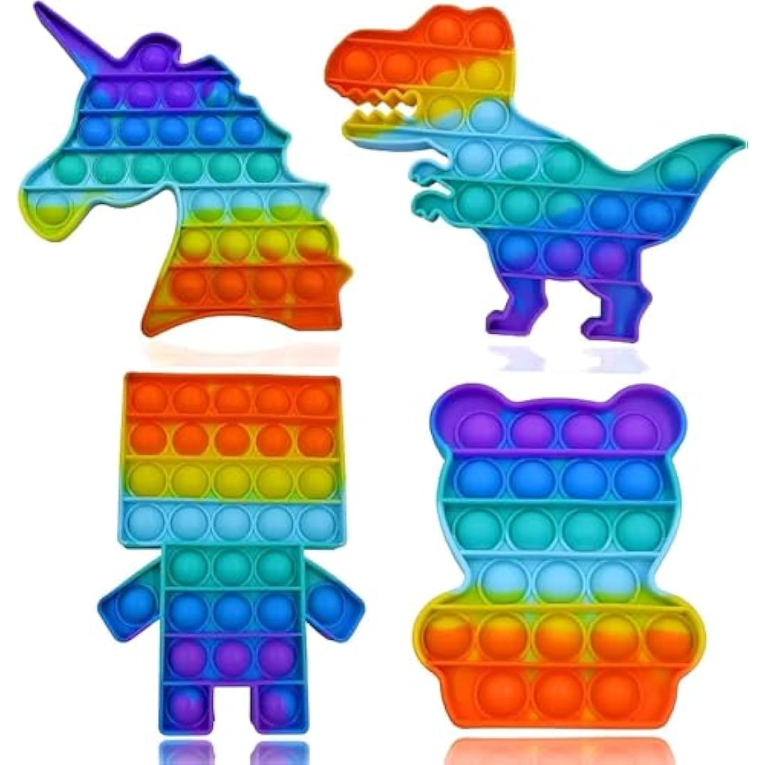 Fidget Toys Unicorn, Robot, Dinosaur ,Bear 4pc Multipack Set Squeeze Sensory Pop Bubble Toys For Kids ,Teens & Adults Autism & Special Needs Stress Reliever Push Pop Rainbow Poppet Toys