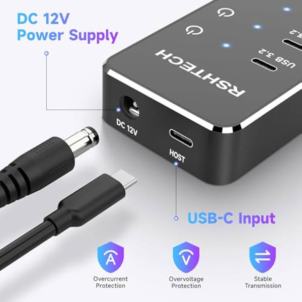 RSHTECH Powered USB C/3.2 Hub 60W, 10 Port USB HUB with 3x 10Gbps USB 3.2 Ports (2C+1A), 7x 5Gbps USB 3.0 Ports (4C+3A), 3.3ft USB-C/A Cable and 12V/5A Power Adapter