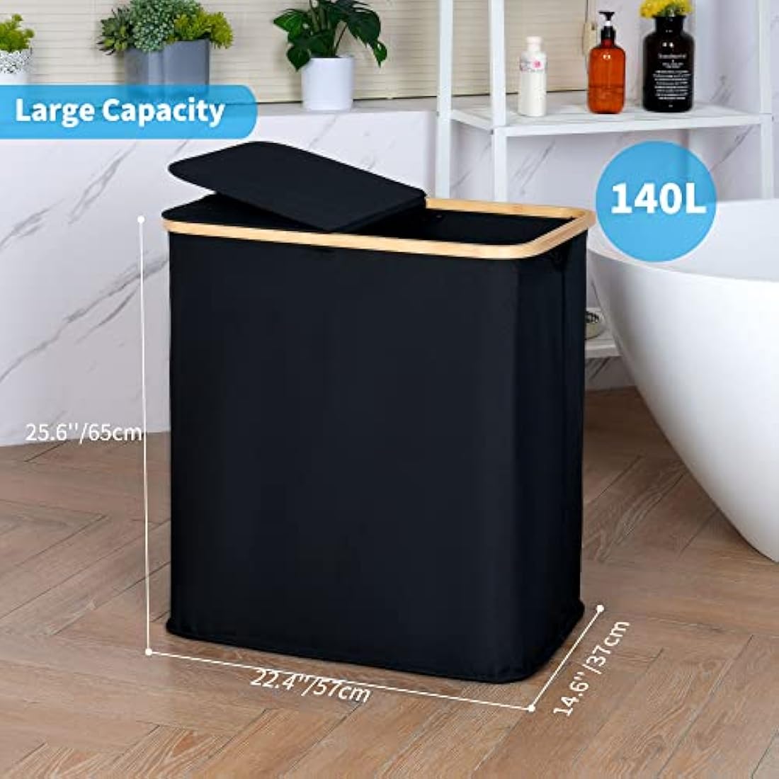efluky Laundry Basket with Lid 140L 2 Compartments Extra large Washing Baskets for Laundry, Laundry Bin Linen Cloth Basket with 2 Removable Laundry Bags, Black