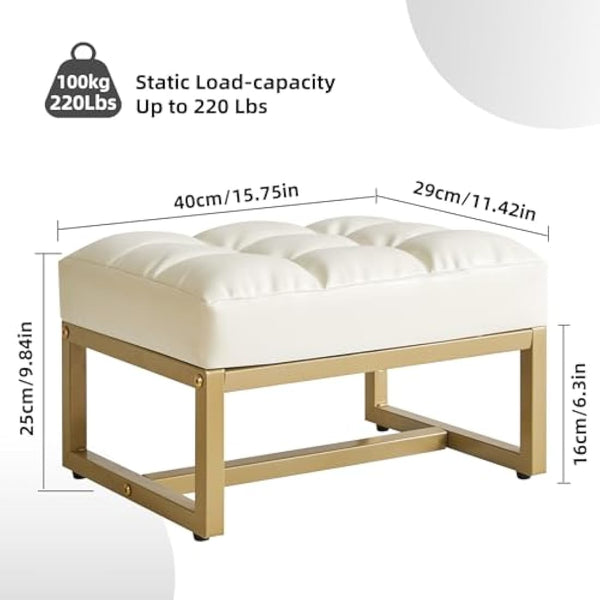 Aibiju Small Footstool Ottoman, Rectangle Faux Leather Footstool with Gold Metal Frame, Change Shoes Stool for Living Room, Bedroom, Entryway Office, White YD-JD139W
