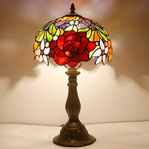 4MYHOME Tiffany Style Table Lamp Stained Glass Bedside Lamp Red Rose Desk Reading Light 10X10X18 Inches Decor Bedroom Living Room Home Office S001 Series