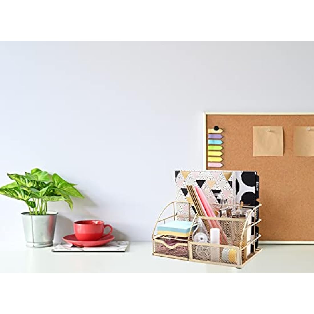 EXERZ Desk Organiser/Mesh Desk Tidy Caddy/Pencil Holder Multifunctional with 7 Compartments - Gold