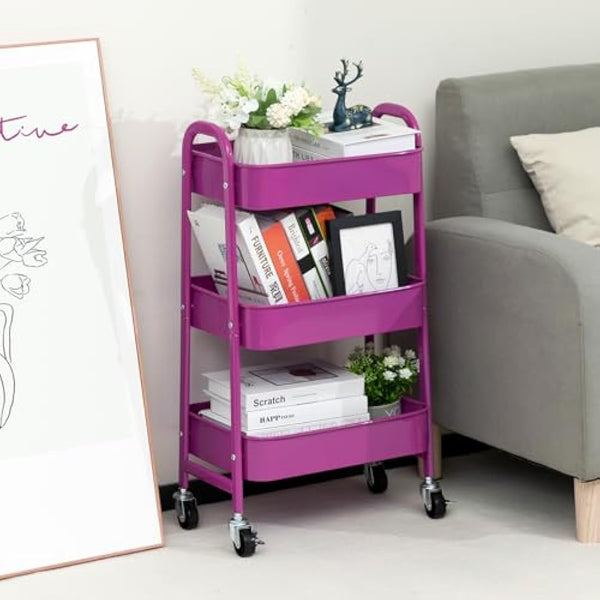 DOEWORKS Storage Trolley Metal 3-Tier Storage Cart on Wheels Rolling Kitchen Trolley Craft Trolleys Beauty Trolleys Utility Shelves for Books Room Bathroom Office, Dark Purple