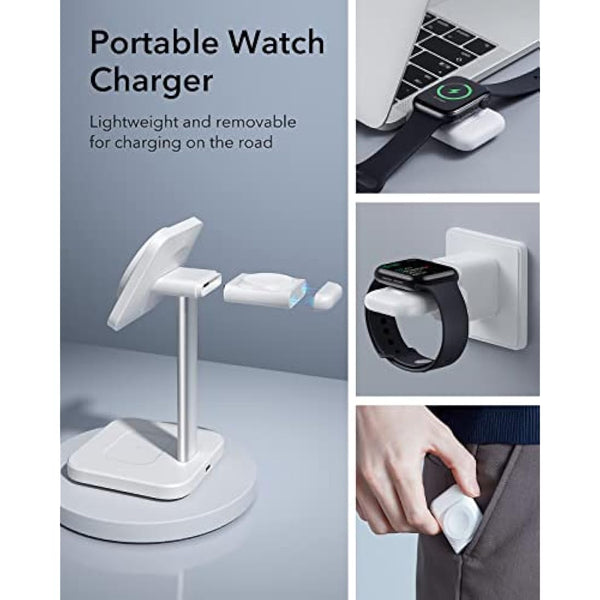 ESR 3-in-1 Wireless Charger Stand with MagSafe, Removable Made for Apple Watch Certified Charger, MagSafe Charging Station, Magnetic Charger for iPhone 16/15/14/13/12 Series, AirPods 4/3/Pro, White