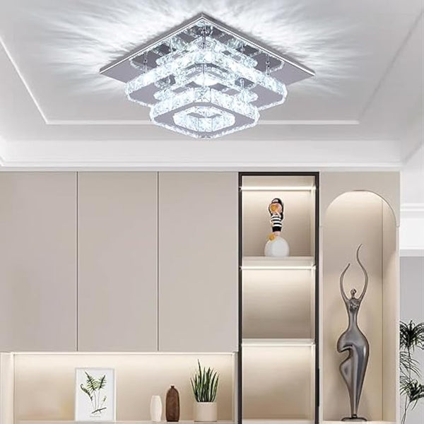 Finktonglan Crystal LED Ceiling Light, Lamp Stainless Steel K9 Modern Flush Mount Lights Fixture Square Chandelier for Dining Room Living Bedroom (Cool White)