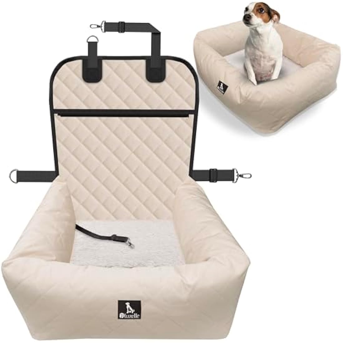 bluzelle Dog Car Seat Travel Pet Bed, 2-in-1 Dog Bed for Small Dogs & Medium Sized Dogs, Removable Cover & Mat, Oxford Fabric Washable Waterproof Anti Slip Bottom, Booster Seat Pet Belt, Color:Beige