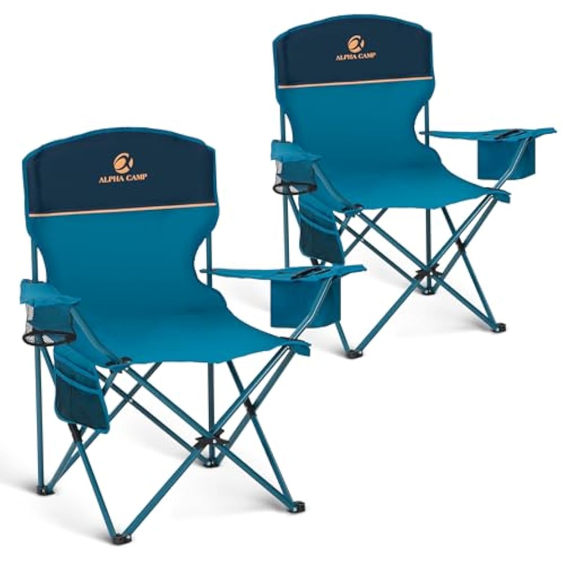 ALPHA CAMP Set of 2 Folding Camping Chairs with Cooler Bag & Cup Holder & Side Pocket Up to 120kg, Lightweight and Portable Camping Chair for Adults, Blue