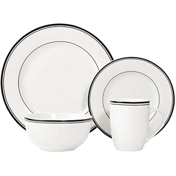 Amazon Basics Cafe Stripe Dinnerware Set with 16-Pieces - Black