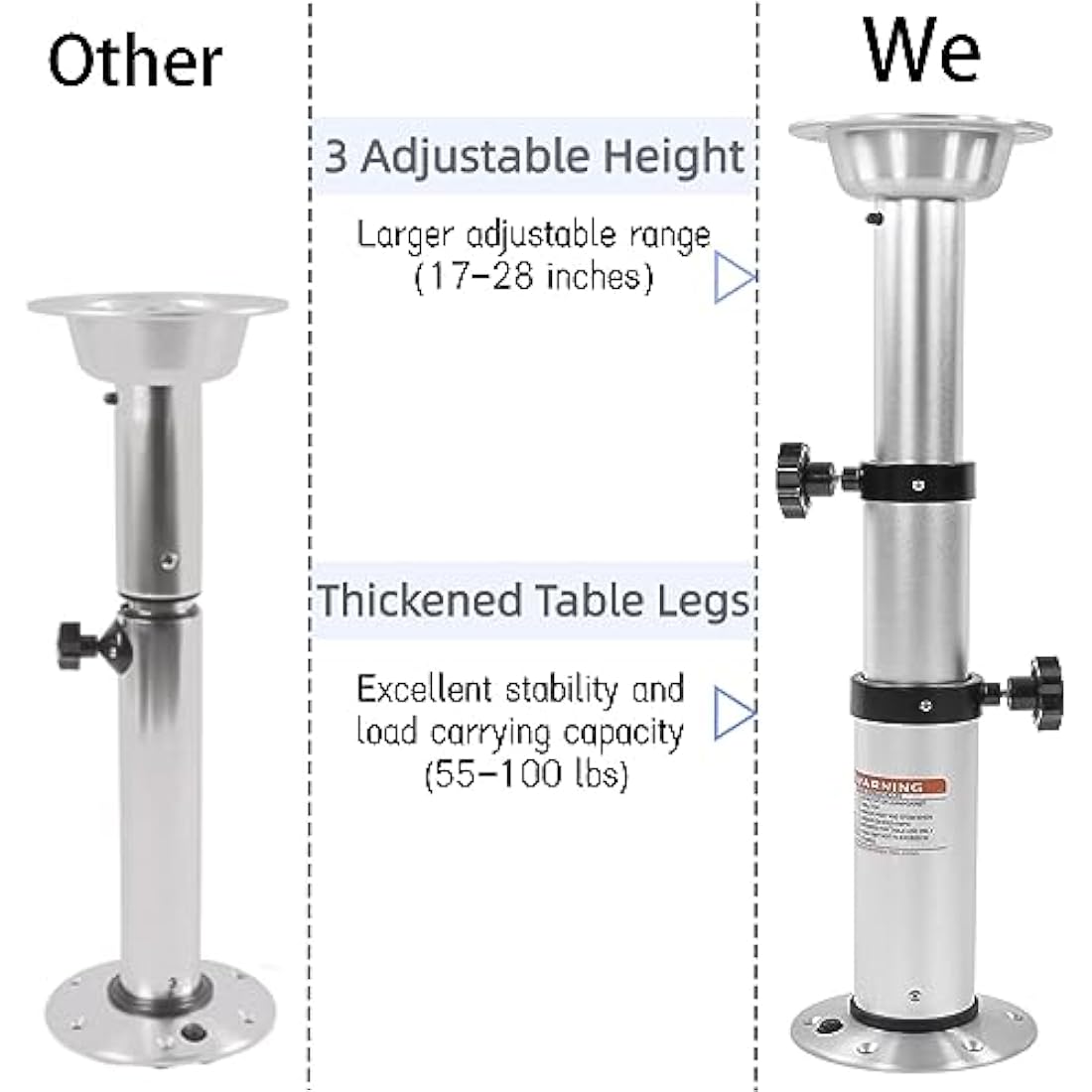 HWHongRV Campervan Table Leg Boat Table Pedestal 3 Levels Adjustable 17-28 Inch Height Range Aluminum Alloy Table Legs Stand Base Telescoping Mount Frame for Campervan Marine Boat Marine Yacht