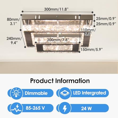 Finktonglan Crystal LED Ceiling Light Modern Rectangular Ceiling Lamp K9 Stainless Steel Flush Mount Chandelier Ceiling Lights Fixture for Living Room Bedroom Dining Room(Dimmable)