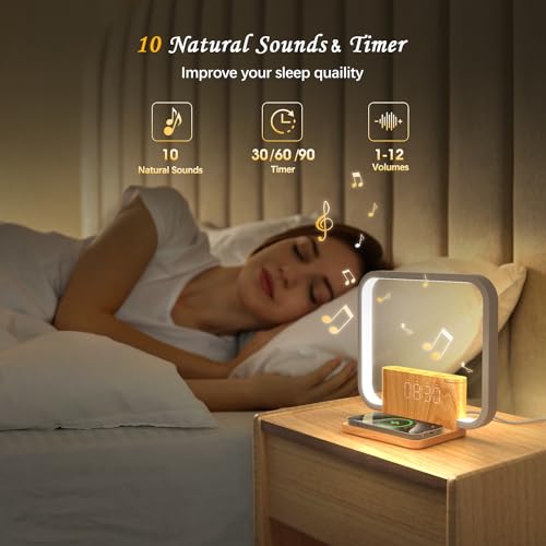 INSSISAIN Bedside Lamp with 10W Wireless Charger, Wake up Light with Snooze Digital Clock, 10 Soothing Nature Sounds and 3 Level Brightness Touch Lamp