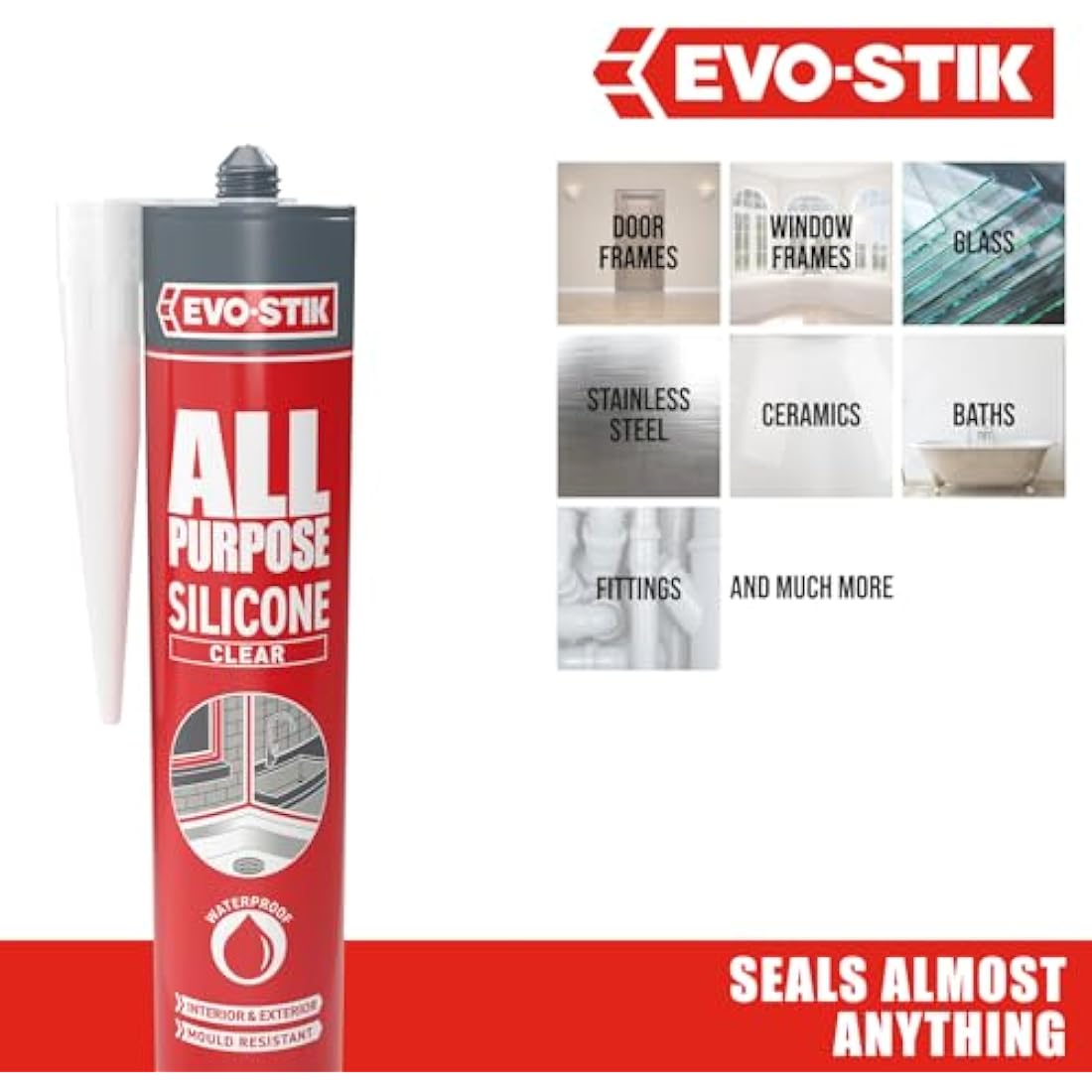 EVO-STIK All Purpose Clear Silicone Sealant – Shower and Bathroom Sealant, Anti Mould, Waterproof, Suitable for Interior and Exterior Use, 280ml