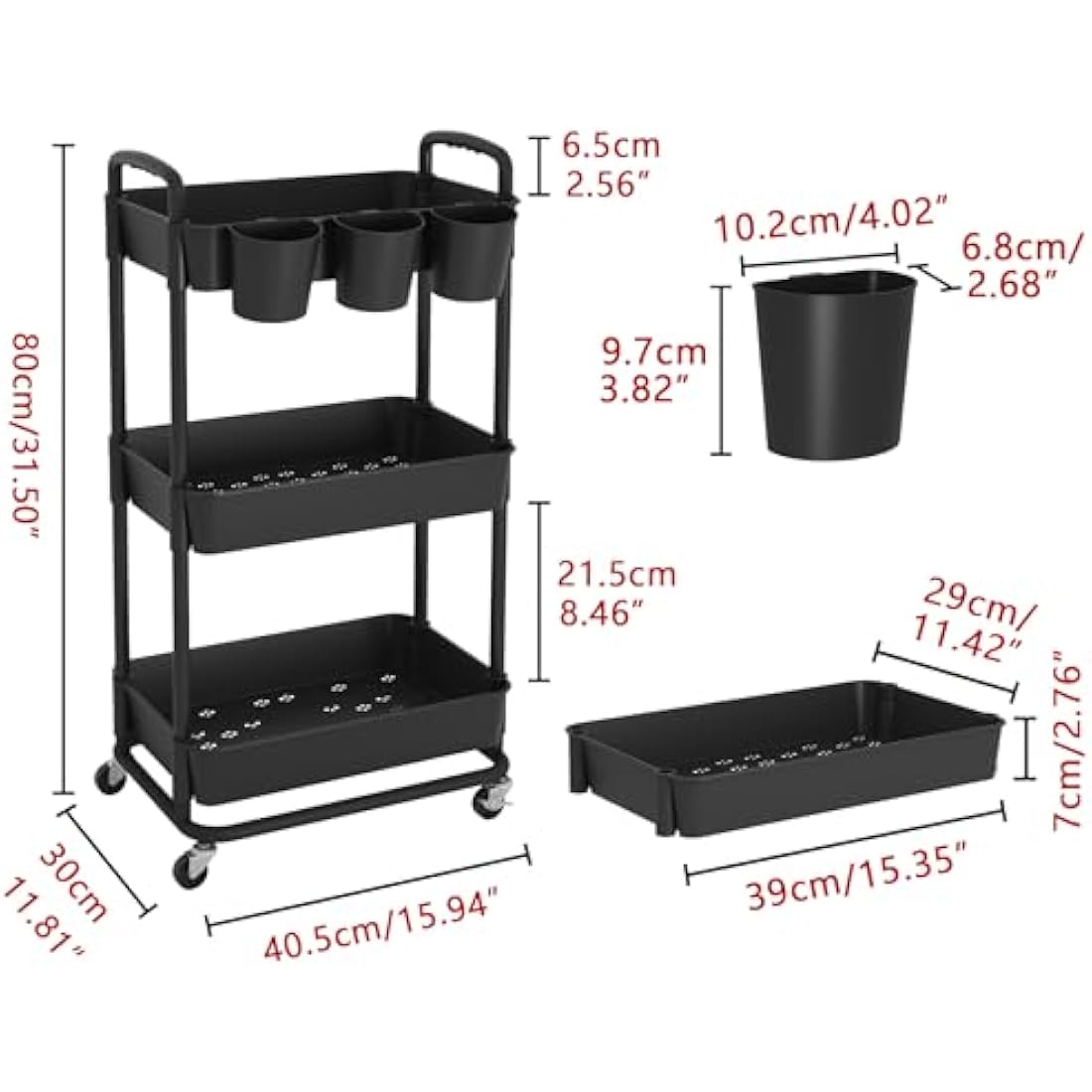 JIUYOTREE 3-Tier Plastic Rolling Storage Cart Utility Cart with Extra Hanging Cups Handles Lockable Wheels for Living Room Bathroom Kitchen Office Black