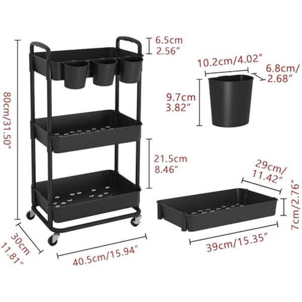JIUYOTREE 3-Tier Plastic Rolling Storage Cart Utility Cart with Extra Hanging Cups Handles Lockable Wheels for Living Room Bathroom Kitchen Office Black