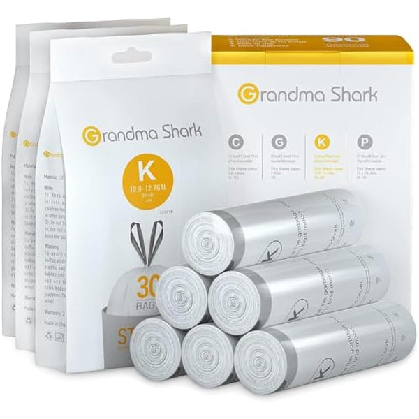 GRANDMA SHARK 38-48L UP TO 55L Bin Bags Liners Drawstring Trash Bag, Handle Waste Bags, 90 Garbage Bag, Super Strong, Anti-drip Unscented, 60 × 74 cm