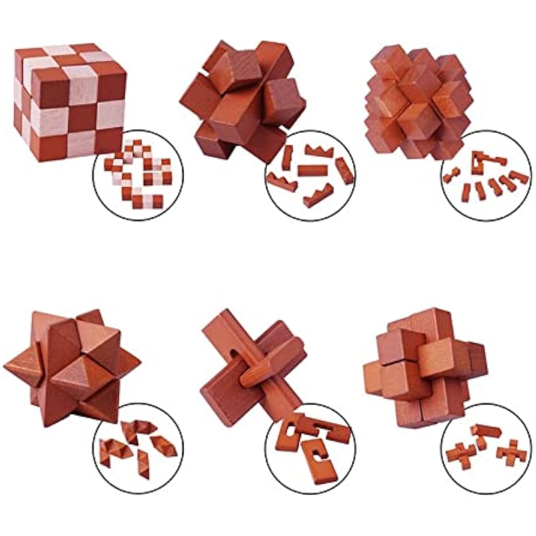 Holzsammlung Set of 6 3D Wooden Brain Teaser Puzzles, IQ Challenge Puzzle Games, Small Logic Mind Puzzle Box Toy Removing Assembling Lock Puzzle Gift Set for Adults Teenagers Kids, 1.8inch 4.5cm