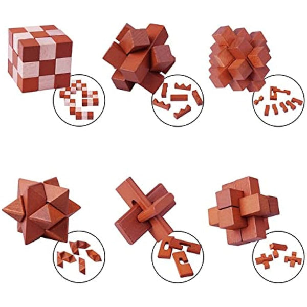 Holzsammlung Set of 6 3D Wooden Brain Teaser Puzzles, IQ Challenge Puzzle Games, Small Logic Mind Puzzle Box Toy Removing Assembling Lock Puzzle Gift Set for Adults Teenagers Kids, 1.8inch 4.5cm