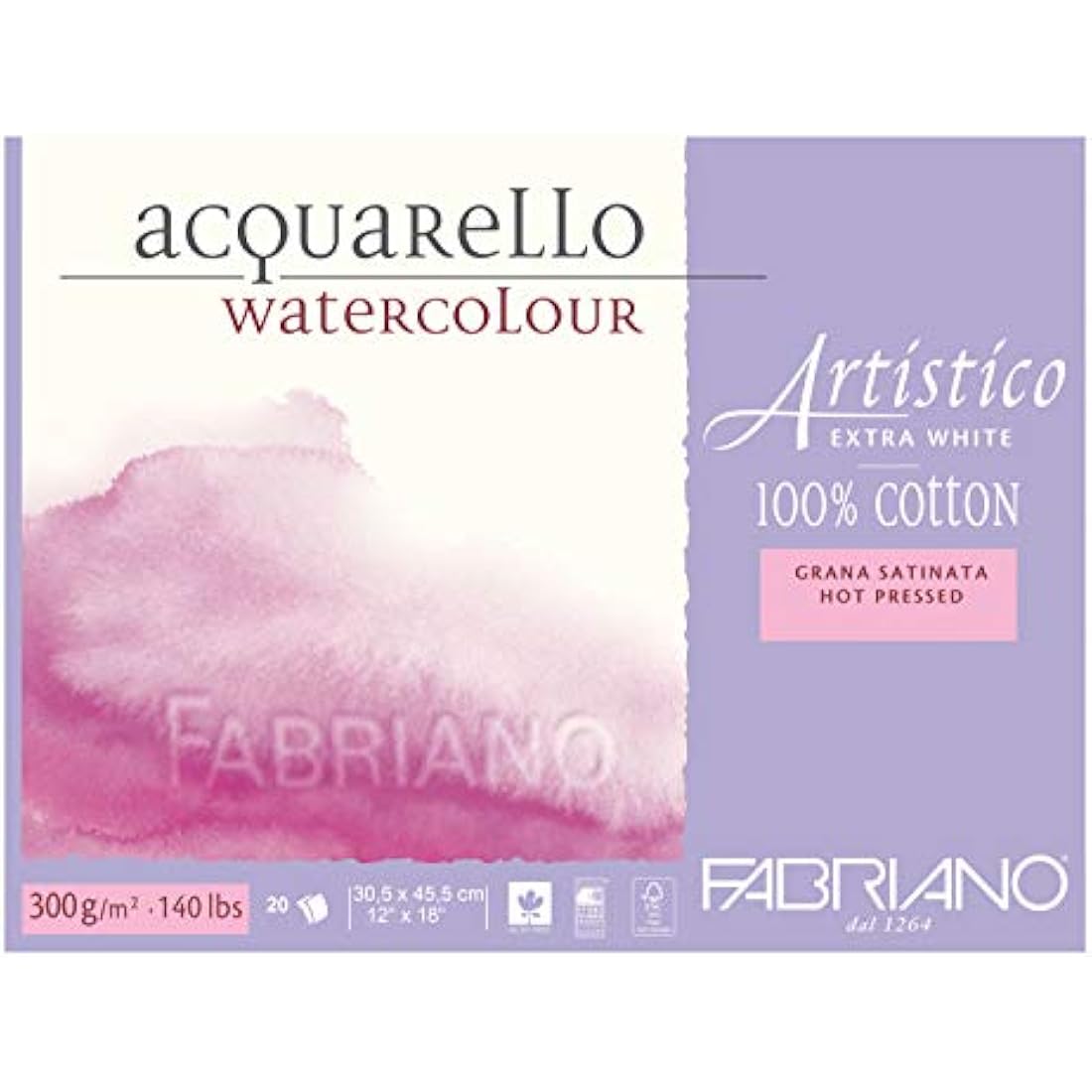 Fabriano - Artistico - 00303045 - Watercolour Paper Block, Hot Pressed, 300 gsm, 30.5 x 45.5 cm, 12 x 18" - 20 Sheets - Extra White