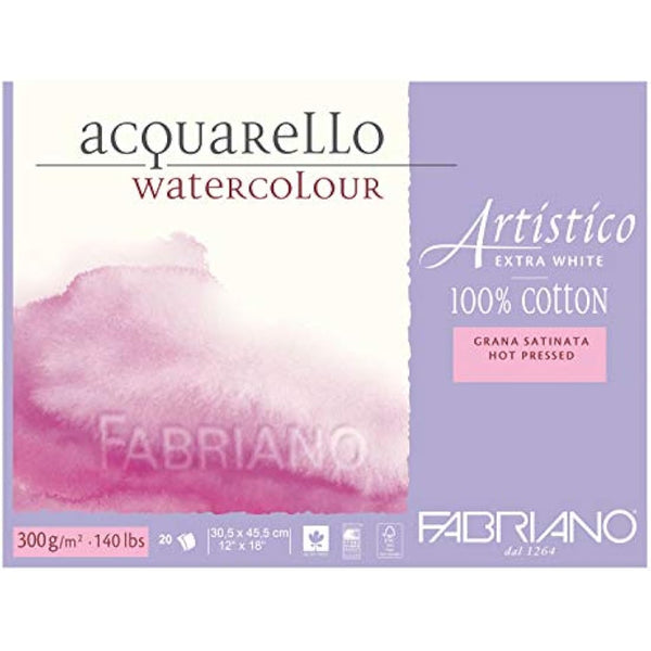 Fabriano - Artistico - 00303045 - Watercolour Paper Block, Hot Pressed, 300 gsm, 30.5 x 45.5 cm, 12 x 18" - 20 Sheets - Extra White