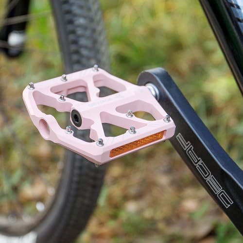 GEWAGE Bike Pedals With Reflective Strips, 3 Sealed Bearings Non-Slip CNC Aluminum Bicycle Platform 9/16" Pedals For Road Bike MTB E-Bike. (Pink)