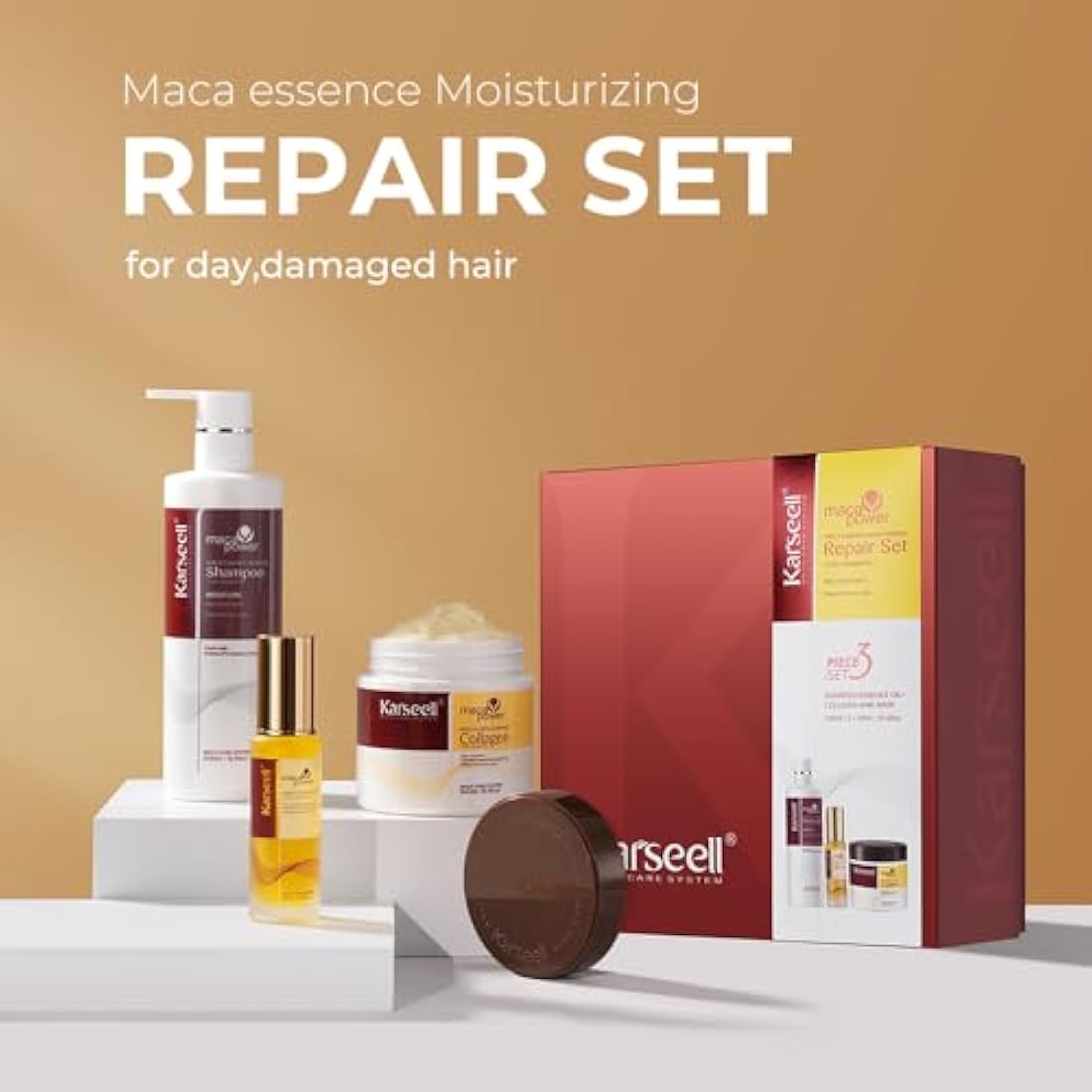 Karseell Maca Essence Moisturizing Repair Set: Collagen Hair Mask 500ml, Shampoo 500ml & Maca Essence Oil 50ml - Argan Oil Treatment for Dry Damaged Hair, All Types