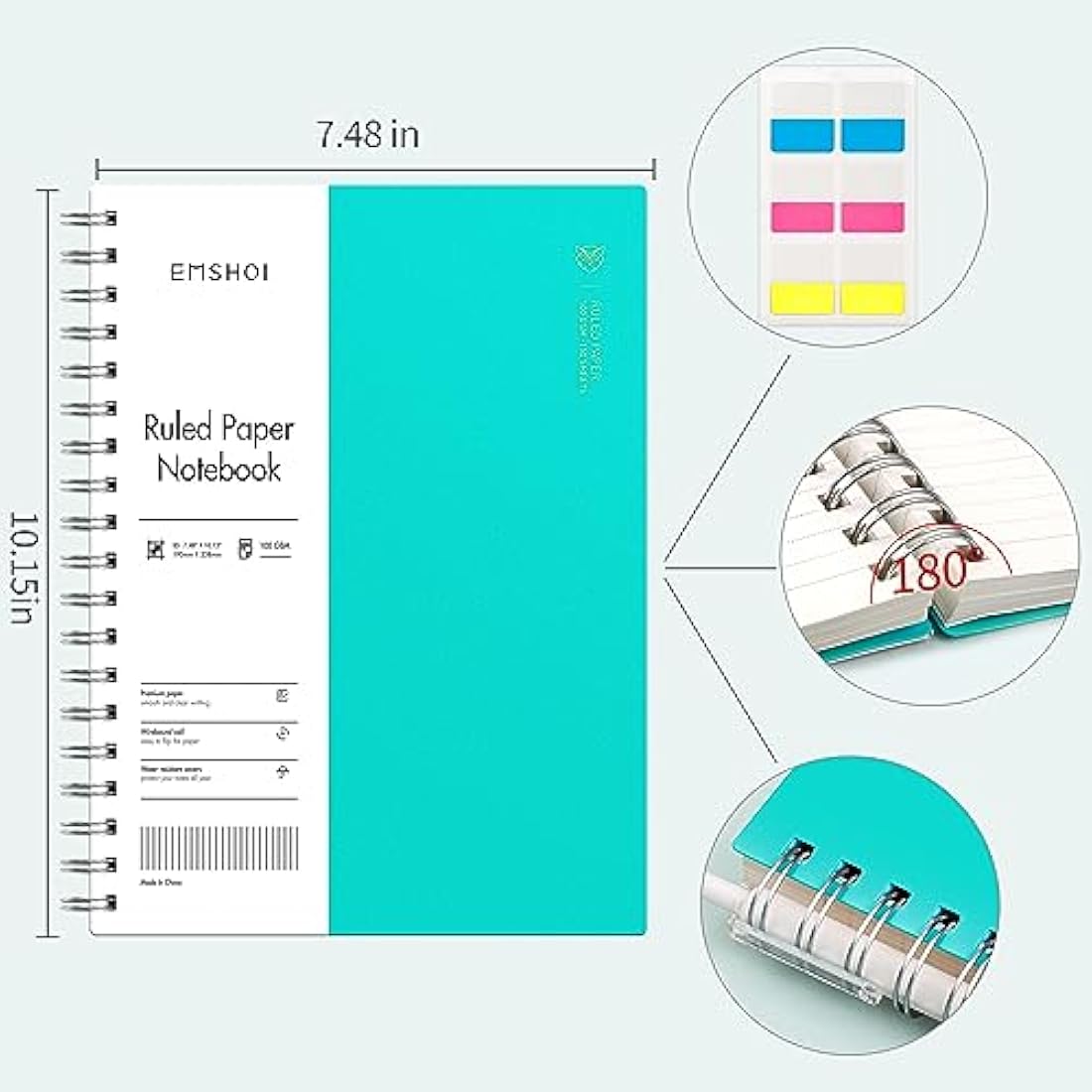 EMSHOI B5 Notebook Lined 300 Pages/150 Sheets, Spiral Notepad Multi-Coloured, 100gsm Thick Paper, Waterproof Hardcover, Writing Journal for Women Men Work Office School,19 x 25 cm, LightBlue
