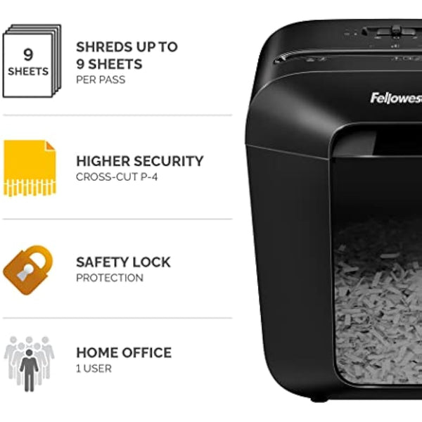 Fellowes Paper Shredder for Home Office Use - 9 Sheet Cross Cut Shredders Home Use - Shredder with 17L Bin & Safety Lock - Powershred LX50 - Shreds 31 Sheets in One Minute - High Security P4 - Black
