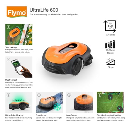 Flymo EasiLife 250 GO Robotic Lawn Mower - Cuts Up to 250 sq m, Ultra Quiet Mowing, Manicured Lawn, Bluetooth Application Control, Safety Sensors, Hose Washable, Lifestyle Functions, Orange and Grey