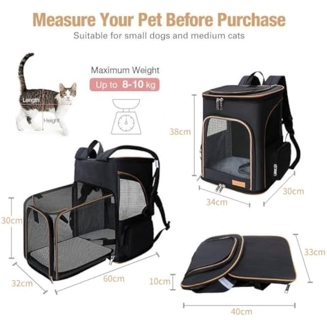 Lekesky Expandable Cat Carrier Backpack - Portable Breathable Rucksack for Medium and Small Cats & Dogs, Foldable with Inner Escape-proof Leash and Pet Mat, Supports 20 lbs (Black)