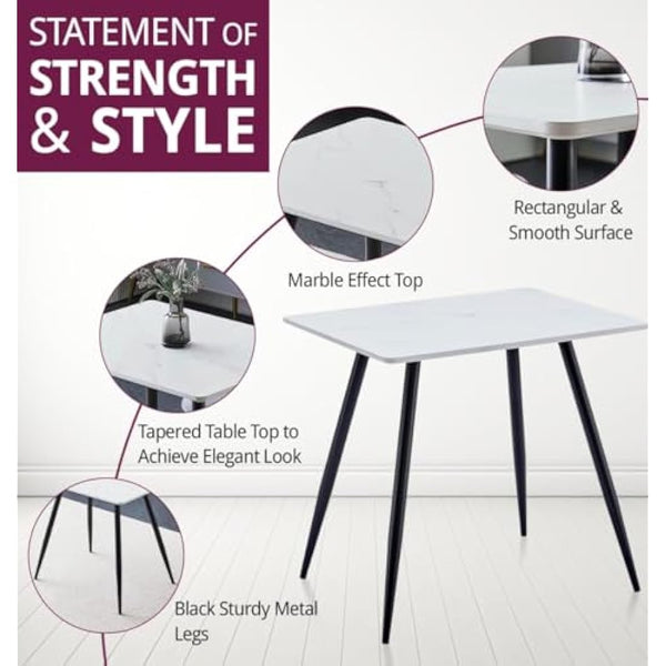 Hallowood Furniture Cullompton Small Dining Table and Chairs Set 2, (0.8m) White Marble Effect Top Kitchen Table and Chairs in Grey Fabric Upholstery and Metal Legs, Dining Room Sets for Home & Café