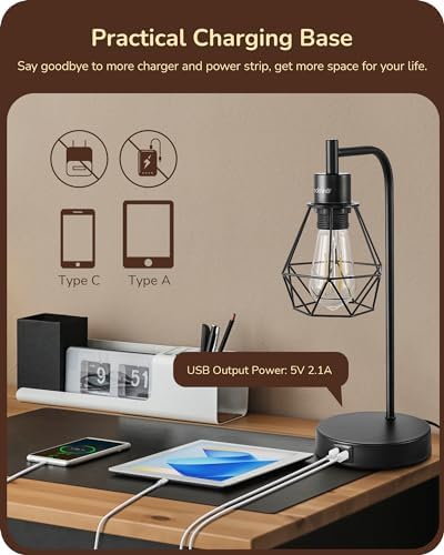 EDISHINE Bedside Lamps Set of 2, Dimmable LED Table Lamp, Diamond Cage Lampshade, USB Charging Ports, Touch Lamps for Living Room, Bedroom, E27 Socket, Bulb Included, Black