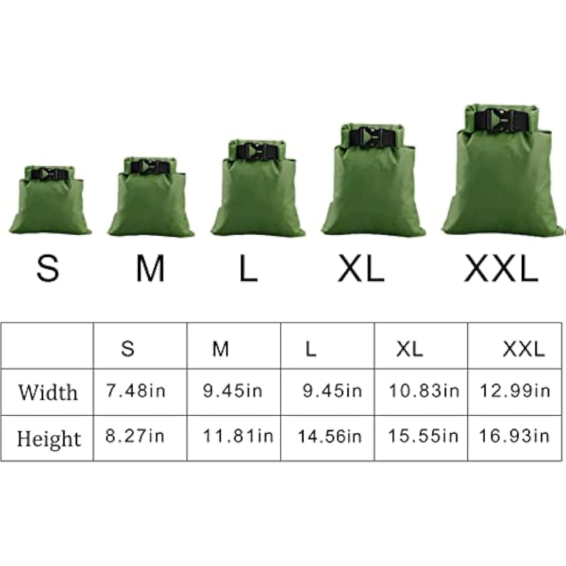 kuou 5Pcs Waterproof Dry Bags, Dry Sack Waterproof Bag Lightweight Snorkeling Drifting Bag Green (1.5L+2.5L+3.5L+4.5L+ 6L)