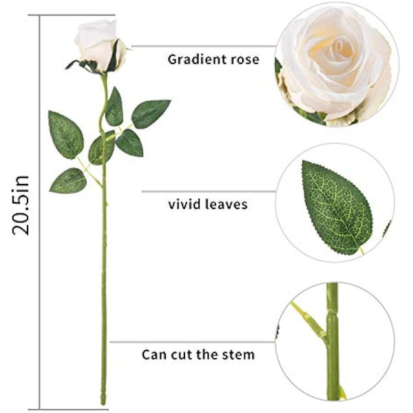 Flojery 10pcs Artificial Rose Flowers Long Stem Fake Silk Roses for DIY Wedding Bouquet Table Centerpiece Home Decor (White)